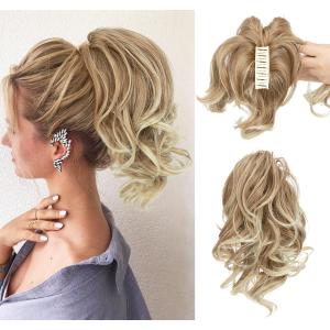 CJL HAIR Claw Clip Short Ponytail Hair Extensions DIY Bendable Metals Messy Bun Hair Piece for Wonen Wavy Curly Synthetic Fake Hairpieces Gloden Blonde and Beach Blonde Tips