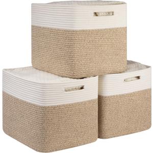 OIAHOMY 13 Kallax Inch Cube Storage Bins, 3-Pack Cotton Rope Woven Baskets for Organizing, Kallax Insert Storage Baskets for Shelves, Baby Nursery, Closet Organizer, 15*13*12.6IN, Brown & White