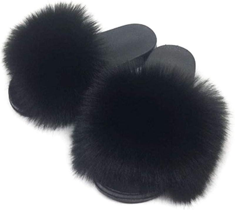 Women's Faux Fur Slides Slippers Fluffy Fuzzy Sandals Open Toe Furry Slide Flip Flop Indoor Outdoor, 7, Black