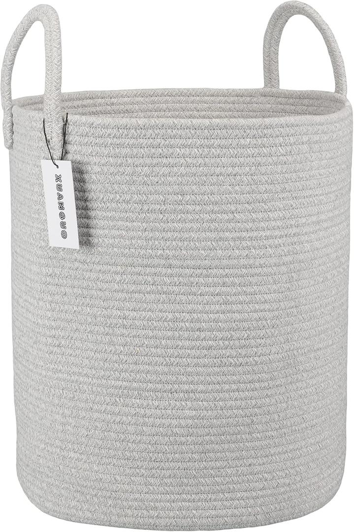 Cotton Rope Laundry Basket Hamper for Clothes Woven Storage Basket for Living Room Bedroom Boho Tall Rope Baskets for Blanket Toys Pillow Towels Baby Nursery Hamper Bin Large light grey (Regular)