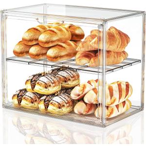 JOYZAN Pastry Display Case, 2 Tier Bread Box for Kitchen Countertop, Acrylic Bread Container with Magnetic Door, Large Bakery Display case for Breads & Muffins 15.3" L x 9.8" W x 11.4" H