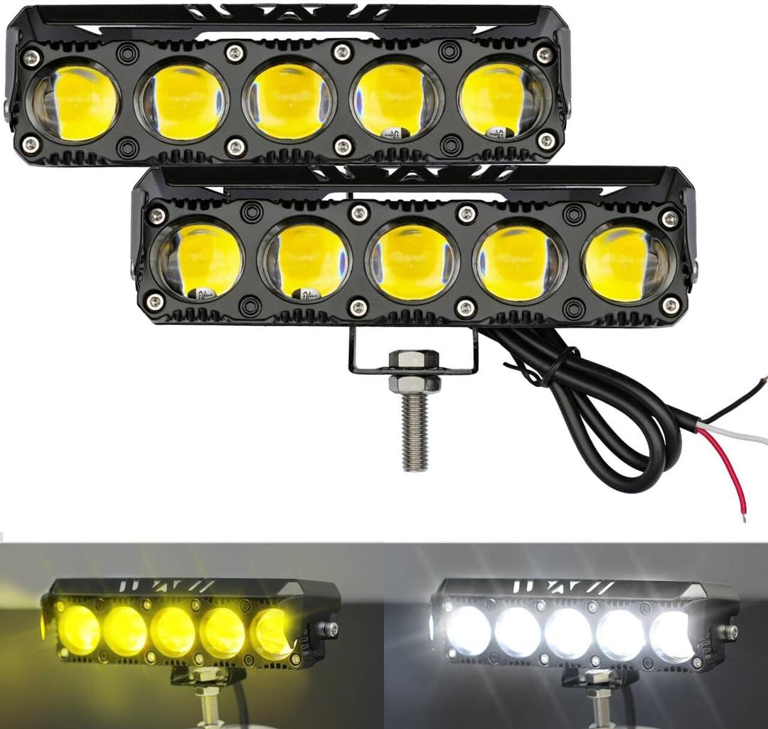 Motorcycle LED Spotlight Yellow/White Hi-Low Combo Beam LED Driving Fog Light Bar, 2Pcs 6.5Inch Offroad Driving Lights Pod Lamp Work Auxiliary Lights for Trucks, Vehicles, ATVs,UTVs, Tractors (Single Row)