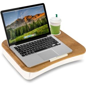 LAPGEAR Cup Holder Lap Desk with Device Ledge - White Oak Woodgrain - Fits up to 14 Inch Laptops - Style No. 46329