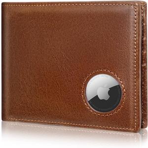 Mens Wallet with AirTag holder,Genuine Leather Bifold Wallets for Men RFID Blocking With 2 ID Window and 12 Cards Holders Gift Box (Coffee Brown)