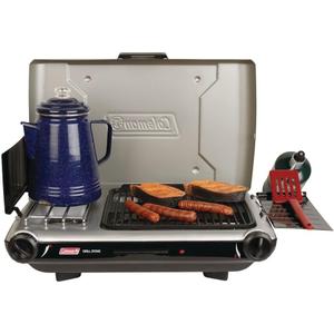 Coleman Tabletop 2-in-1 Grill & Stove with 2 Adjustable Burners Propane Grill/Stove with Push-Button Starter Wind Guards Grease Tray & 20000 BTUs of Power for Camping Tailgating & More (Silver) (Bottom a Little Bit Dented)