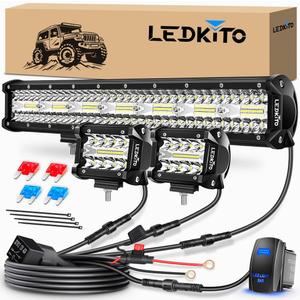 20 Inch LED Light Bar and 4 Inch LED Pods 2PCS Kit with 3 Leads Wiring Harness Rocker Switch Triple Row Off Road Light Bar Spot Flood Combo Work Light for Pickup UTV Truck Tractor Boat