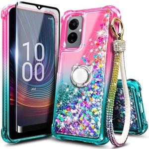 WDHD Designed for Boost Celero5G 2024 Phone Case with Tempered Glass Screen Protector/Ring Holder/Diamond Wrist Strap Lanyard, Glitter Floating Liquid Cute Women Girls Kids Cover (Pink/Aqua)