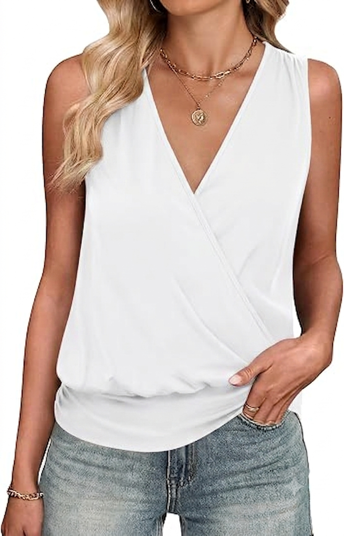 ANRABESS Womens V Neck Tank Tops Wrap Banded Hem Shirts Sleeveless Ruched Going Out Blouse 2026 Summer Fashion Clothing, White,  XX-Large
