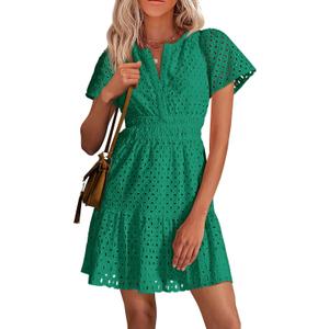 PRETTYGARDEN Womens 2026 Summer Short Dress V Neck Short Sleeve A Line Hollow Out Lace Ruffle Cute Casual Beach Party Dresses (Green, L)