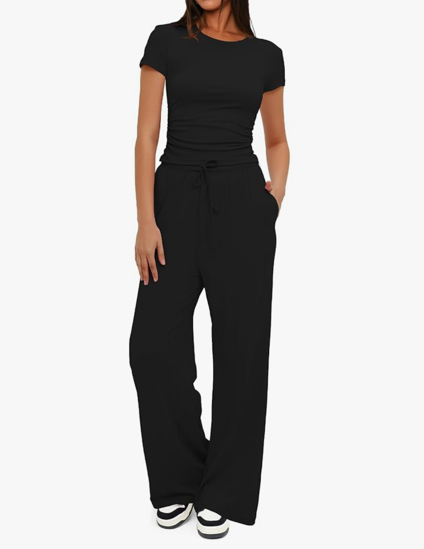 Darong Women's 2 Piece Set Summer Outfits Lounge Sets Ruched Short Sleeve Tops High Waisted Wide Leg Pants Tracksuit Sets Size L