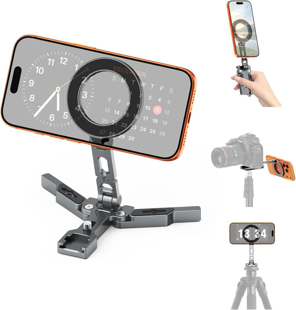 Magnetic Phone Tripod Mount Adapter for MagSafe, Aluminum Foldable Phone Holder with Arca-Swiss & 1/4" Screw Hole, Cold Shoe Mount for Camera, Pocket Mini Selfie Stick Tripod Mount for iPhone/Android