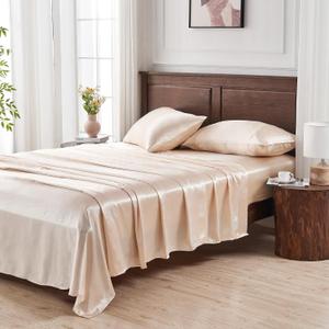Satin Sheets Queen Size - 4-Piece Embossed Bed Sheet Set with Deep Pocket Fitted Sheet, Smooth and Cooling Silk Feel, Includes 1 Flat Sheet, 1 Fitted Sheet, and 2 Pillowcases (Beige)