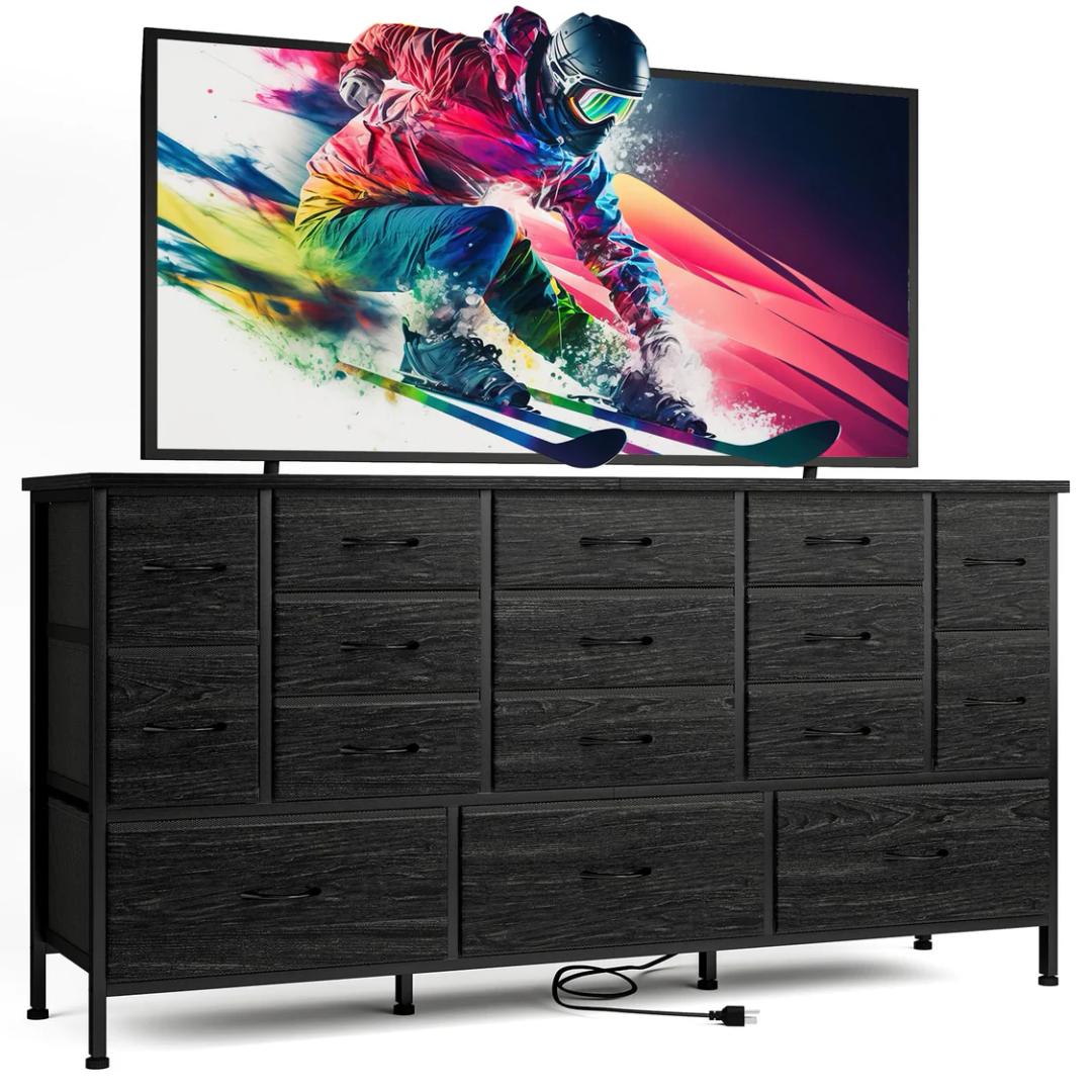 Fixwal 63.3 Inch Long Bedroom Dressers with Drawers Large Cabinet with Power Outlets Bedroom TV Stand with Storage, Fabric Dresser for Girl Bedroom with 16 Drawers, Black