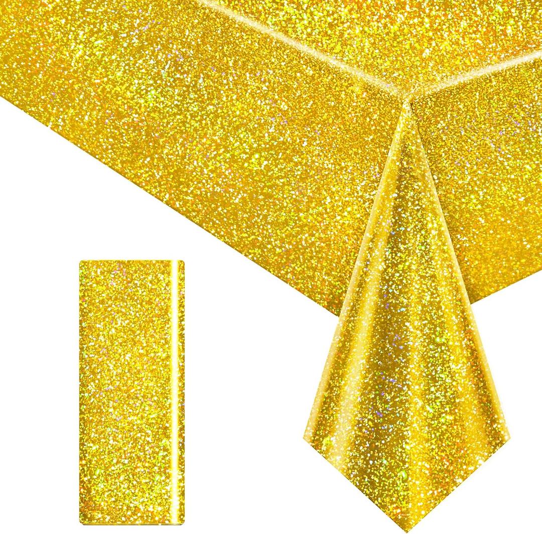 1 pcs Gold Holographic Party Tablecloths 40" x 108" Laser Shiny Table Cloths Plastic Glitter Foil Table Cover for Christmas Wedding Graduation Baby Shower 1920s Birthday Party Anniversary Supplies