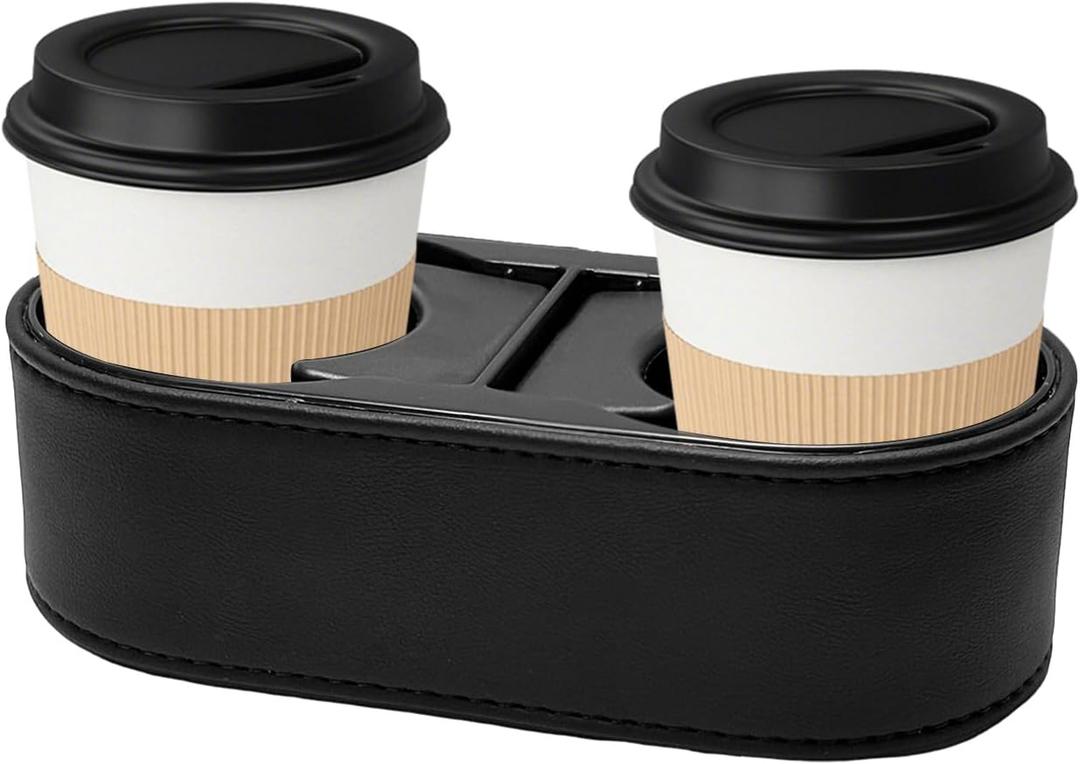Car Cup Holder, Auto Double Drink Holder Multifunctional Center Console Organizer, 3 x 7 x 2 inches Front Seat Beverage Organizer Interior Cup Holders for Cars SUVs Trucks (Leather)