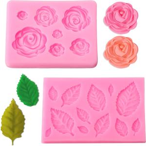 2 Pcs Rose Flower and Leaves Silicone Mold, Roses Collection Fondant Mold Cake Chocolate Molds for Sugarcraft Cupcake Toppers Soap Polymer Clay Crafting Projects Wedding and Birthday Cake Decoration
