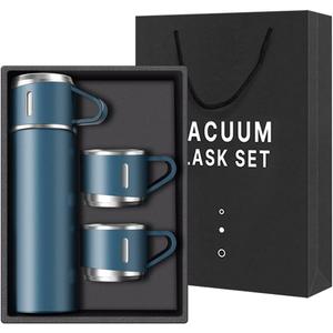Coffee Thermo Bottle -Vacuum-Insulated Stainless Steel Travel Mug, 16oz Insulated Bottle with Cup for Hot & Cold Drink Travel Mug(Blue, Three Cup) (16.9 Ounces)