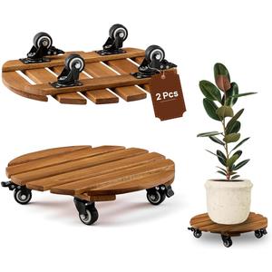 THYOI 2 Pack 14 Acacia Wood Plant Caddy with Lockable 360 Caster Wheels, 300 LB Heavy Duty Rolling Stand for Indoor Outdoor Planter Pots, Wooden Dolly for Patio (Golden Teak, Round)