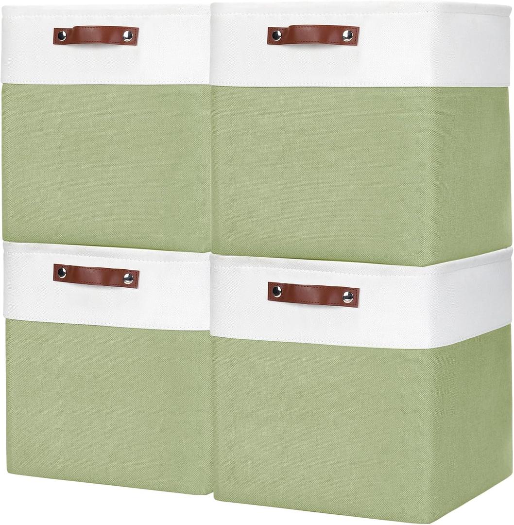 13x13 Cube Storage Bins, Collapsible Fabric Storage Box, 4 Pack Closet Baskets with Handles for Organizing, Shelf, Toys, Clothes, Home, Office, Nursery (Green & White)