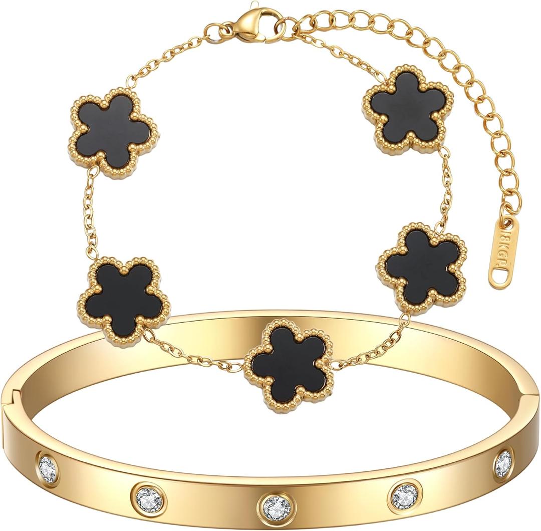 18K Gold Plated Clover Bracelet Love bangle Set for Women - Stack Friendship Bracelet Lucky Link Bracelets Jewelry Gifts Trendy for Women (Black)
