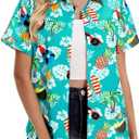 Women's Hawaiian Shirts Soft Cool Hawaiian Outfits Tropical Botanical Print Beach Vacation Clothes Summer Tops Button Up (L)