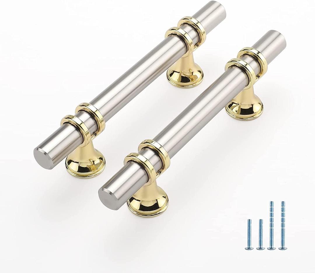 10 Pack Kitchen Cabinet Handles Brushed Nickel and Gold Cabinet Pulls 3 Inch Silver Gold Drawer Pulls for Dresser Bathroom Two Tone Kitchen Hardware,Zinc Alloy Base (Hole Center:3 inch(76mm))