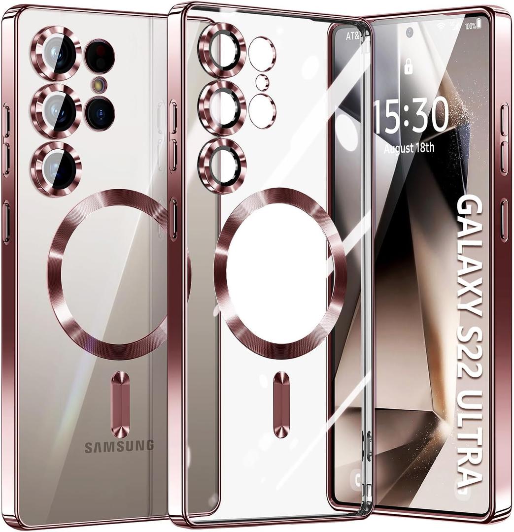 Hurgoer for Samsung Galaxy S22 Ultra Case.Soft TPU Electroplated Frame Cover with Clear Back.Drop Tested Protective Full Body Case.Thin Light SlimNot Magsafe (Rose Gold, S22 Ultra)