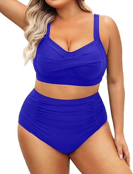 DACI Women Two Piece Swimsuit High Waisted Bikini Halter Vintage Retro Bathing Suit Push up Swimwear, L, Royal Blue
