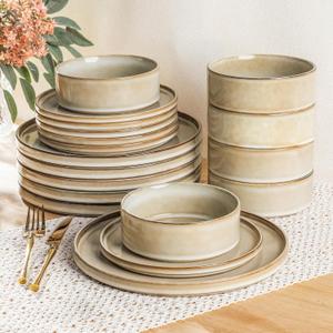 AmorArc Stoneware Dinnerware Sets for 6,18 Piece Plates and Bowls Sets