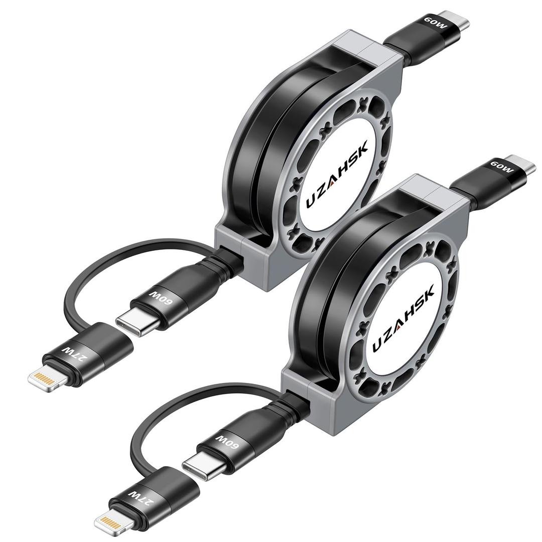 2 in 1 Retractable USB-C to Lightning/Type-C Charger, 2Pack 4ft, 60W Fast Charge for iPhone 13/14/15/16/17 Pro Max/Plus/Air/Mini/iPad/Samsung/Tablets