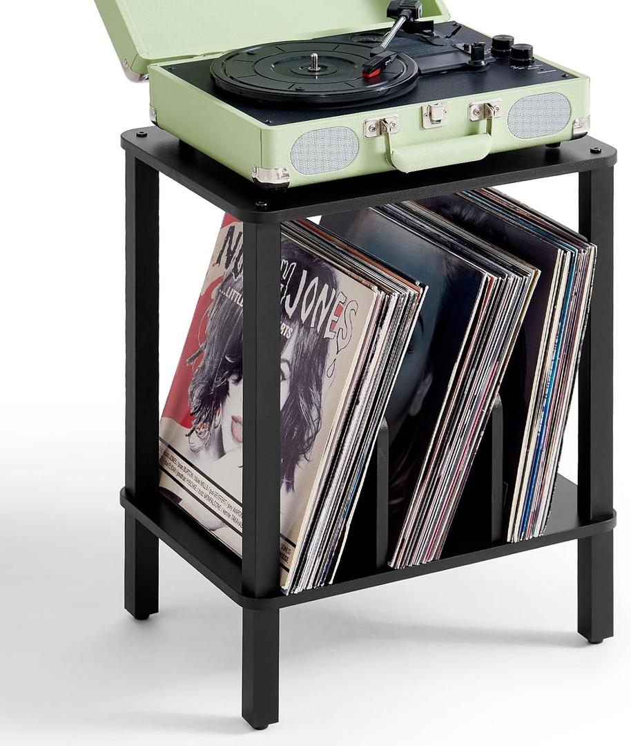 2-Tier Record Player Stand with Vinyl Record Storage up to 100 Albums, Bedroom Record Holder and Multi-Functional End Table for Living Room, Black