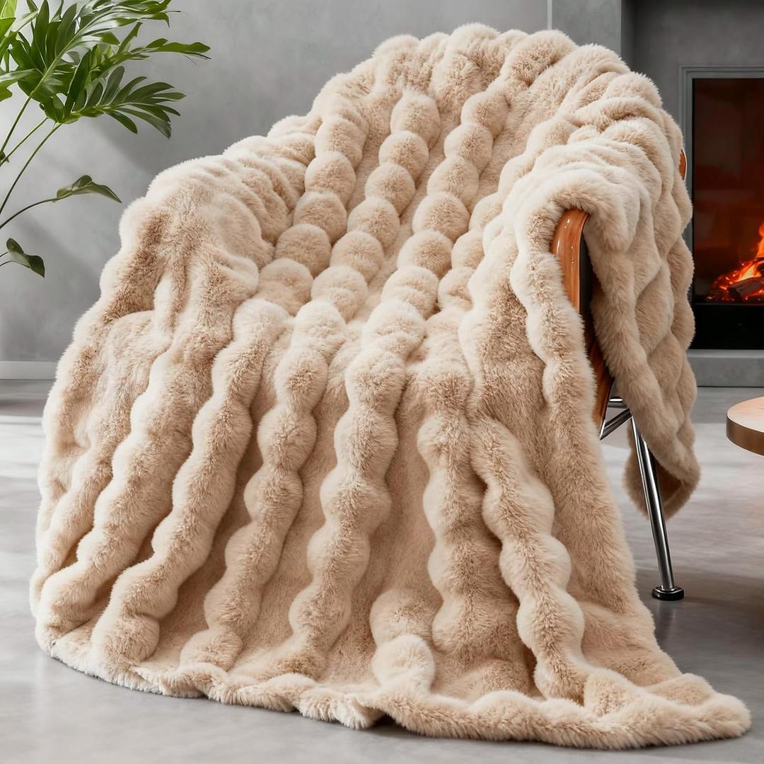 Faux Fur Twin Blanket for Couch, 1000 GSM Cozy Fuzzy Fluffy Soft Plush Thick Bubble Sherpa Blanket for Sofa Bedroom Living Room, Mothers Day Birthday Gifts for Women Home Decor (60*80, Beige)