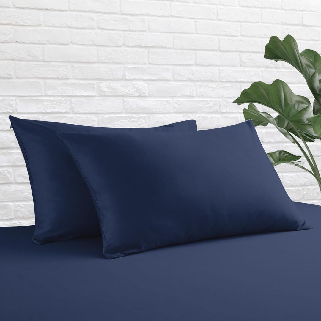 King Size Pillow Protector Set of 2, 100% Egyptian Cotton Pillow Cases with Zipper 400 Thread Count Sateen Weave Cotton Navy Blue Pillow Protector Queen King Pillow Covers for Home/Hotel