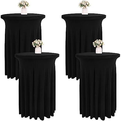 JALANCY 4 Packs 32 x 43 Inch Spandex Round Cocktail Table Skirts with Wavy Drapes Stretch Cocktail Tablecloth Fitted High Top Tables for Wedding Bar Party Banquet (Black)