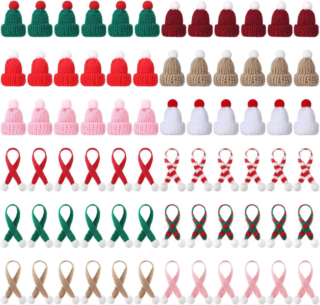 Bencailor 72 Pcs Mini Christmas Hats and Tiny Scarf Set Mini Knitting Doll Hat Scarf Santa Small Snowman Hat Ornaments for DIY Craft Art Doll Decoration (Bright Color)