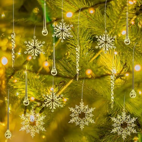 50 Pcs Christmas Tree Ornaments Hanging Acrylic Snowflake Icicle Ornaments Clear Teardrop Pendants 5 Styles for Xmas Party Decorations