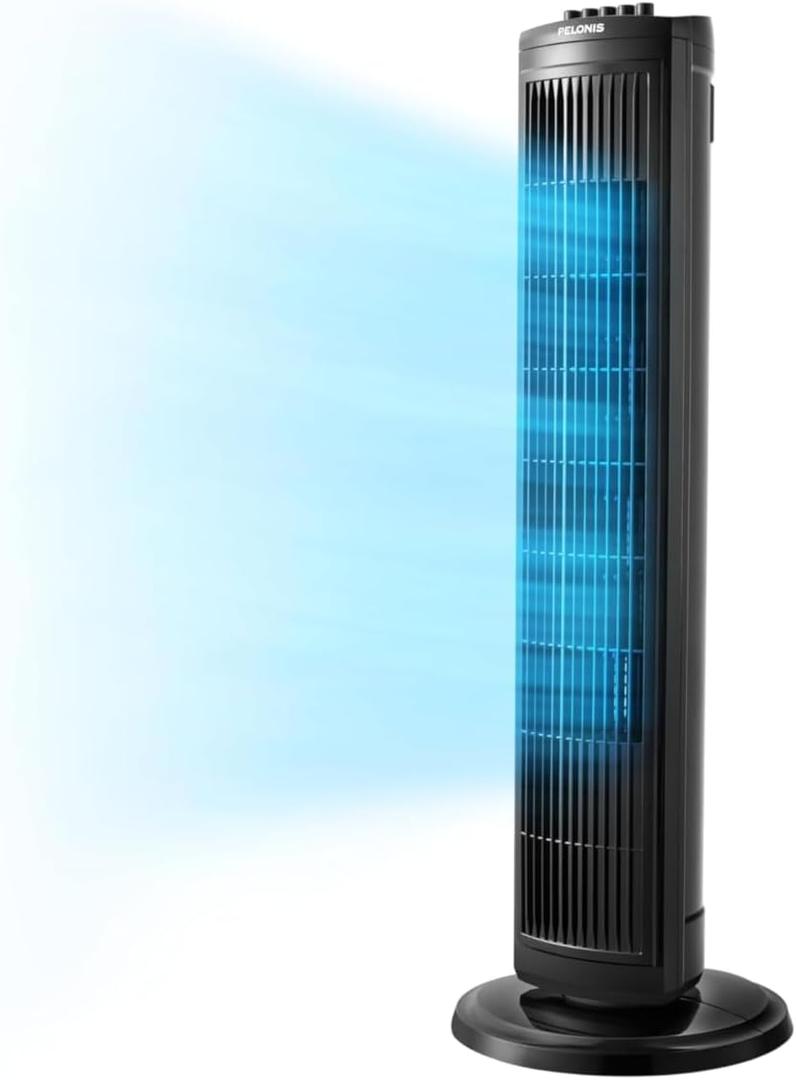 PELONIS 30 inch Tower Fan for Bedroom, Standing Fan with 3 Speeds, 90 Oscillation, Small Fan with 120-Min Auto Timer, Black
