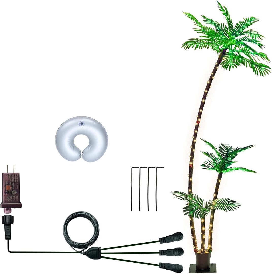 7FT Lighted Artificial Palm Tree with Three Trunks and Upgraded 260 LED Lights - Outdoor/Indoor Use, Perfect for Tiki Bars, Patios, Homes, Offices, Beaches, Yards Pool and Cruise Party