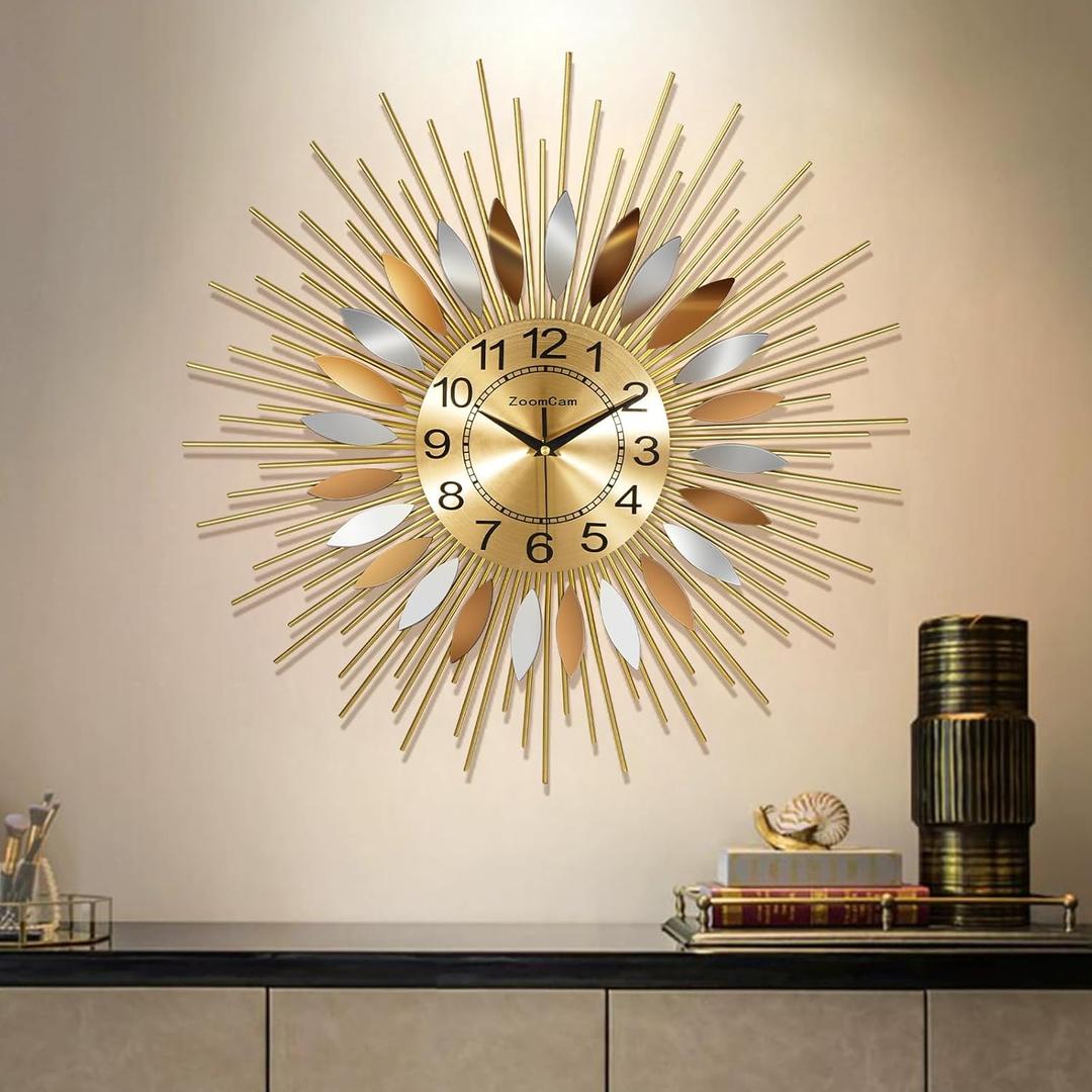 Large Wall Clock for Living Room Decor 23/27 Inch - Radiant Sunflower Metal Art, Handcrafted Iron & Stainless Steel - Silent Non-Ticking Decorative Round Clock (Small)