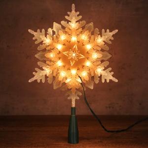 Brizled Christmas Snowflake Tree Topper, 9.25in Lighted Christmas Treetop with 20 Warm White Lights, 120V UL Certified Plug in Christmas Tree Top Star for Xmas Tree Indoor Party Home Office Decoration (Silver Glittered Snowflake)