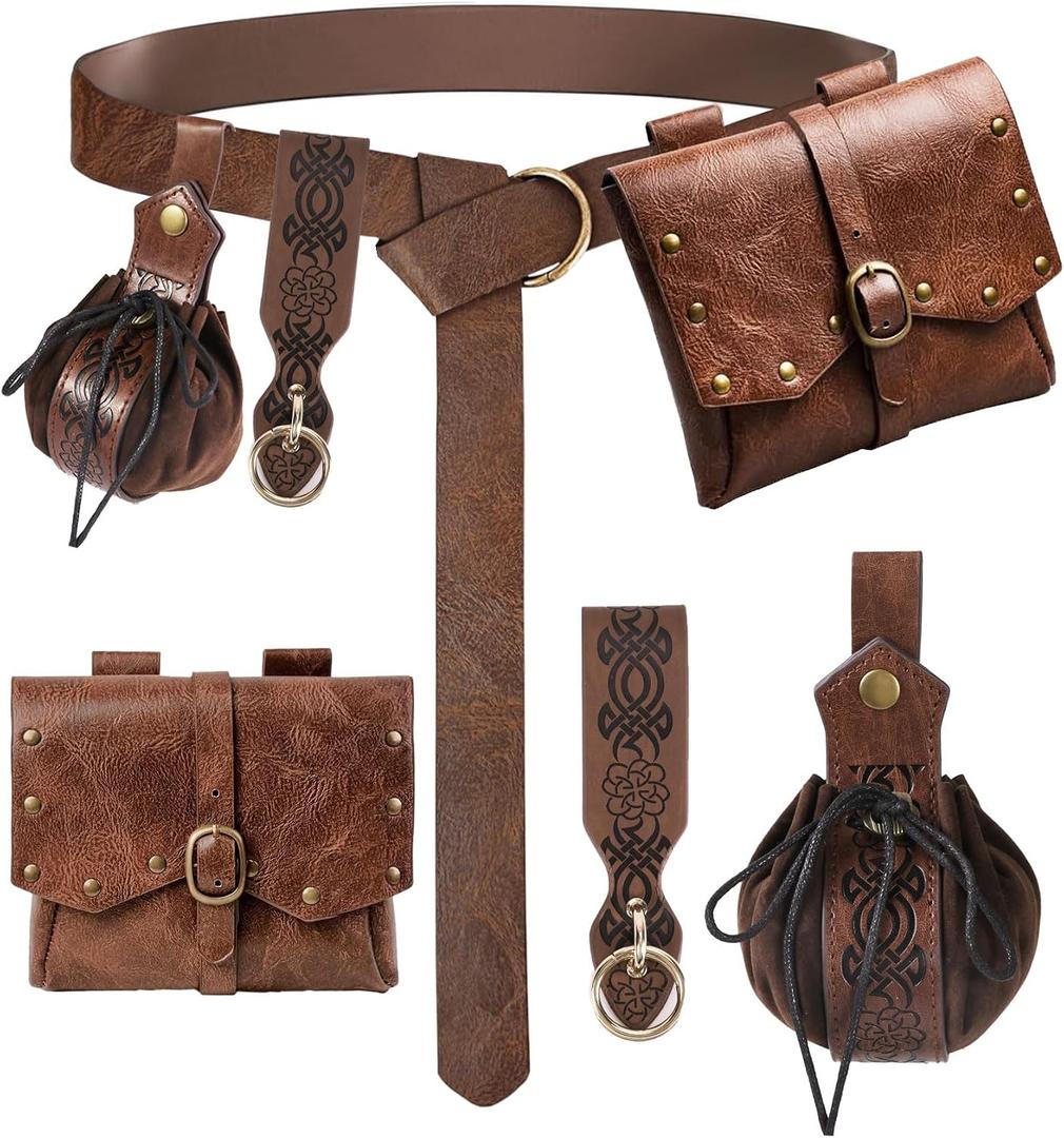 4Pcs Renaissance Accessories Renaissance Costume Women Pirate Belt with Bag Pouch Keychain Medieval Costume Women for Cosplay (Brown)