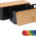 Cable Management Box, 2 Pack Bamboo Lid Large Storage Wires Organizer Holder for Home, Desk, TV, Computer, USB Hub - to Cover Hide Surge Protector Conceal Power Strips & Cords (Black)