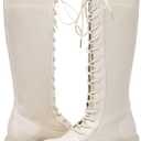 Vepose Women's 953 Knee High Combat Boots Chunky Platform Heel, Lace Up Gothic Punk Work Boots for Dresses and Jeans (Beige)