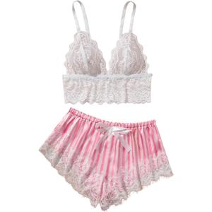 WDIRARA Women's 2 Piece Lingerie Pajama Sets Lace Bralette Striped Satin Shorts Pjs Nightwear L