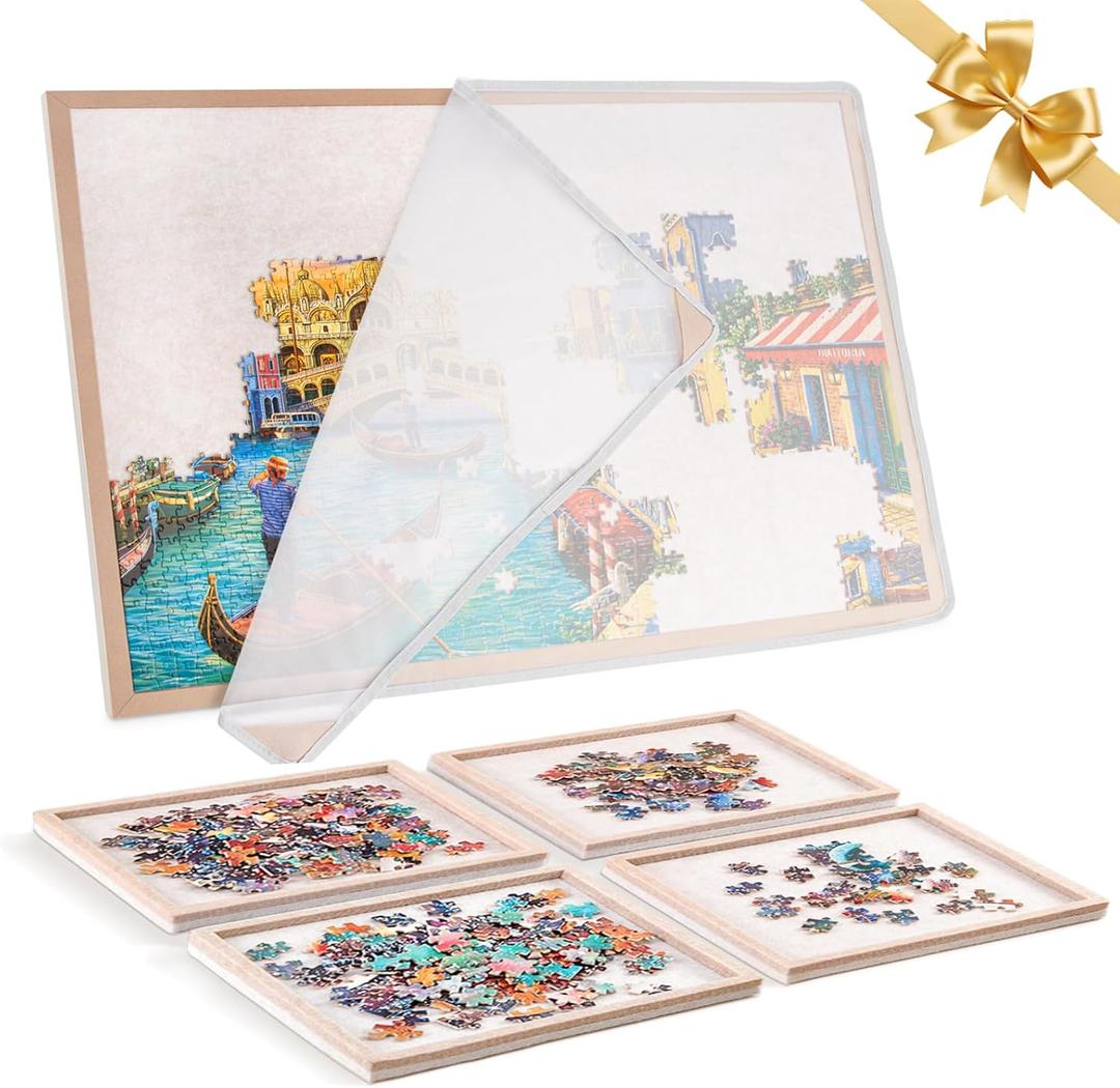 Puzzle Board with 4 Sorting Trays, Playing Surface with Protective Cover for 1000 Pieces, 31.5" x 24" Felt Display Board
