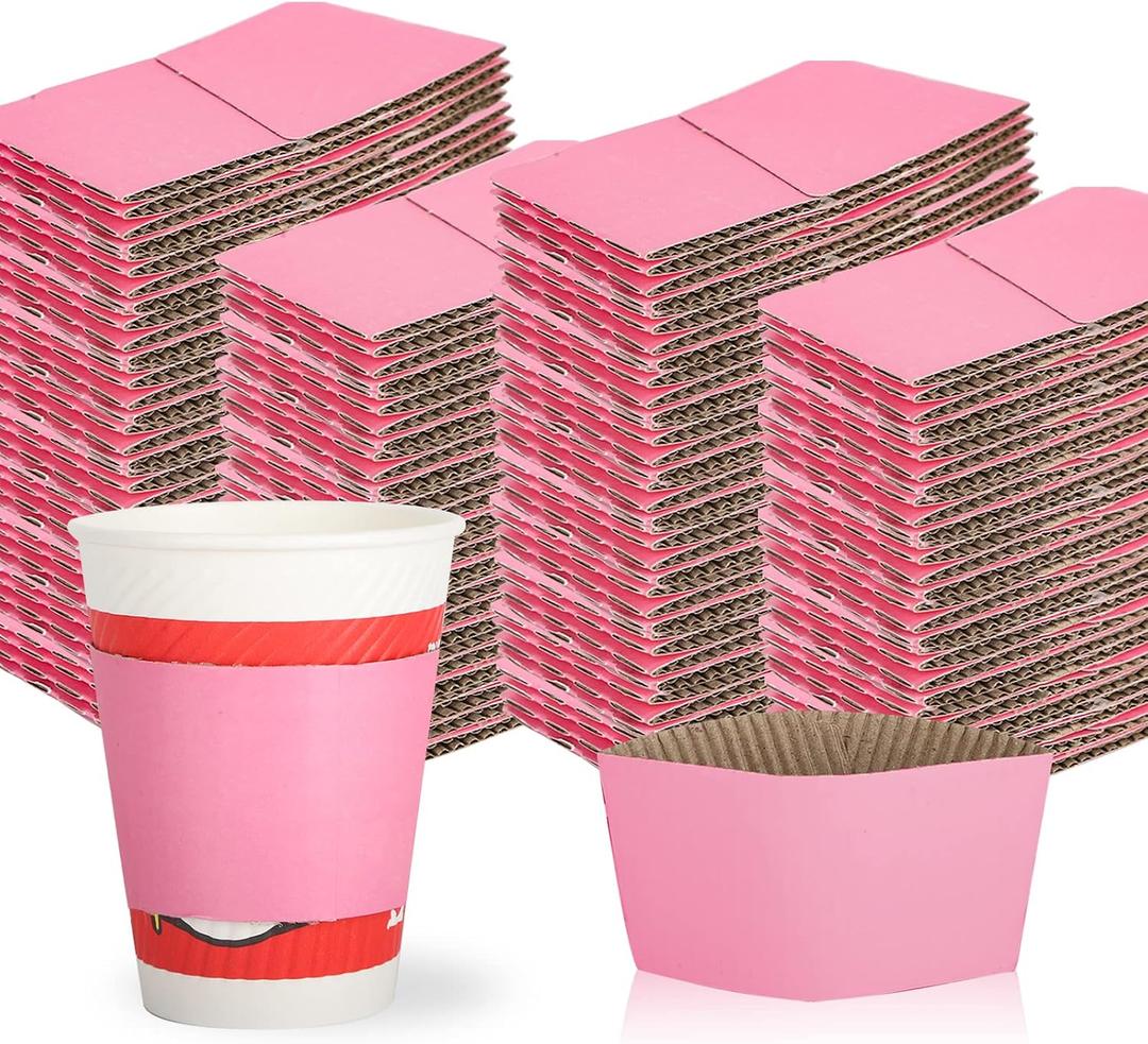 Disposable Coffee Cup Sleeves Corrugated Kraft Paper Coffee Cup Sleeves Holder Protective Insulated Heat Espresso ForHot Drinks 8-24oz (Pink, 200 Pcs)