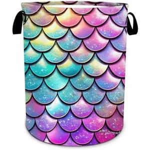 Mermaid Scale Laundry Basket, Glitter Rainbow Laundry HamperFoldable Waterproof Funny Tote Bag Dirty Clothes Storage Bucket Toy Organizer for Bathroom/Laundry/Bedroom 15.7"x19.6"