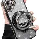 Glitter Kickstand Case for iPhone 17, Cute Luxury Bling Sparkly Diamond Rhinestones with Camera Lens Protector Liquid Flowing Ring Stand TPU Bumper Women Girls Case for iPhone 17 6.3" (Black)