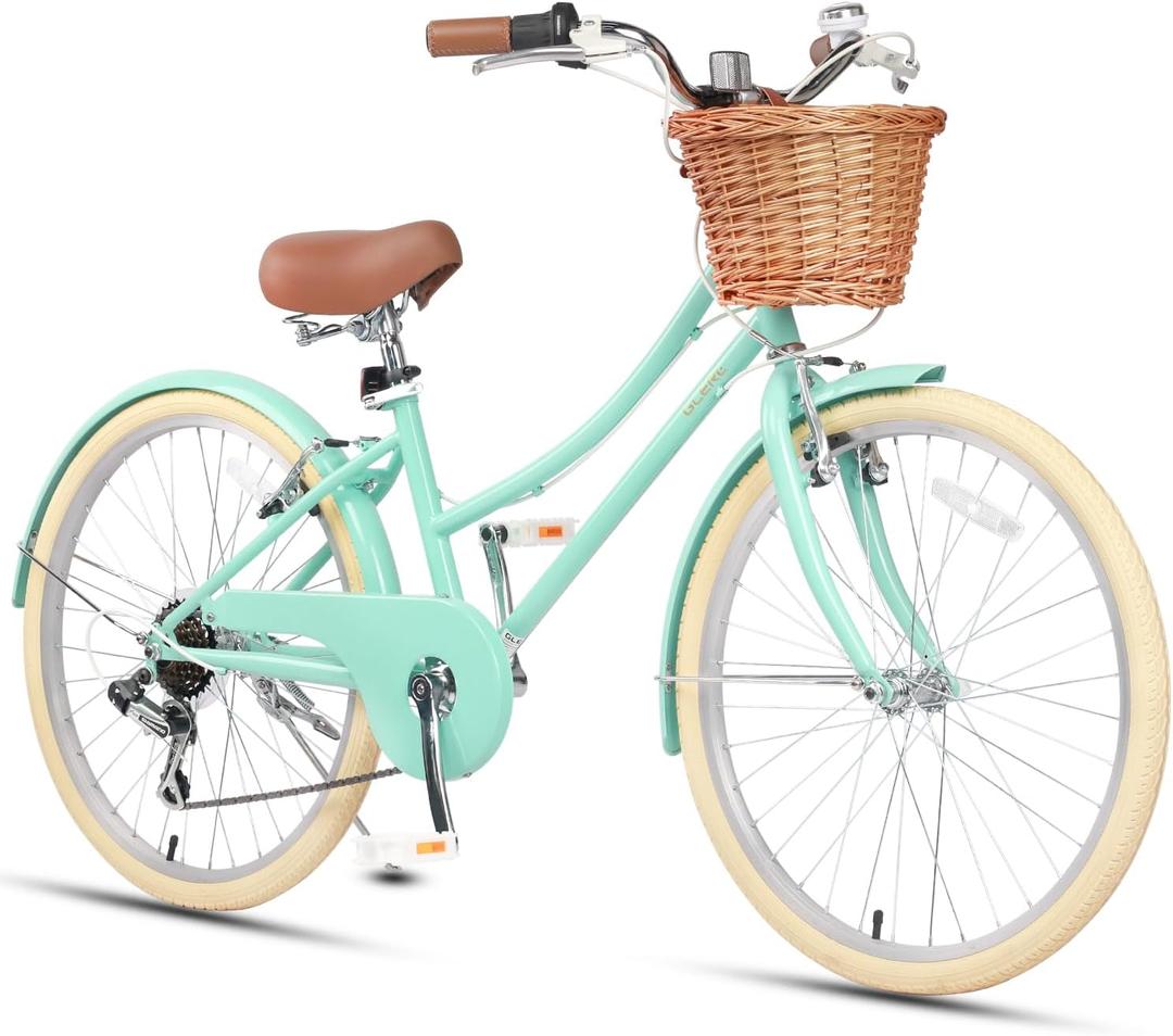 Glerc 24" Girls Cruiser Bike 6-Speed Cruiser Women's Hybird Bicycle for Ages 7 8 9 10 11 Years Old with Wicker Basket. Lightweight Frame and Fork, Mint Green