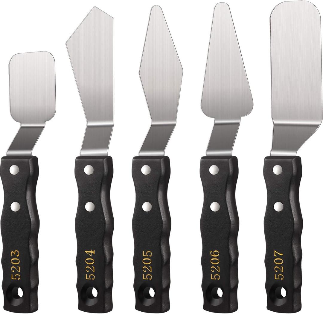 5-piece Large Palette Knife Set Stainless Steel Painting Knives with Wood Handles for Acrylic & Oil Painting Canvas Texturing, Impasto, Color Mixing Art Supplies for Artists and Beginners